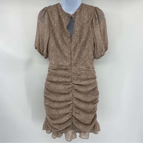 Lush Ruched Faux Wrap Mini Dress in Chocolate Abstract Print Size Medium NWT - Picture 6 of 12